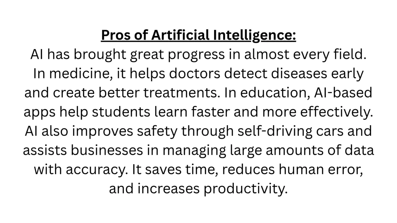 The image displays text about the benefits of Artificial Intelligence, covering fields like medicine, education, and safety, along with its impact on businesses.