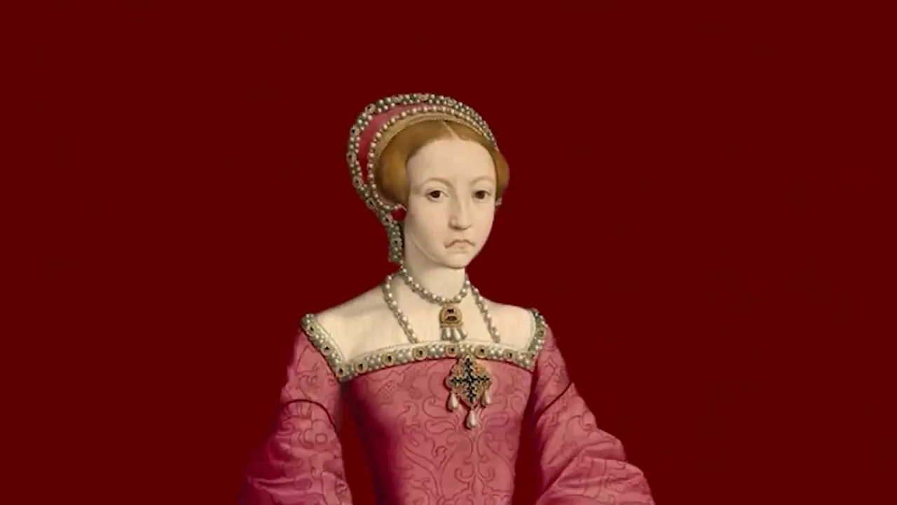 A portrait of a young woman in regal attire, featuring a jeweled headdress, pearls, and a pink dress against a deep red background.