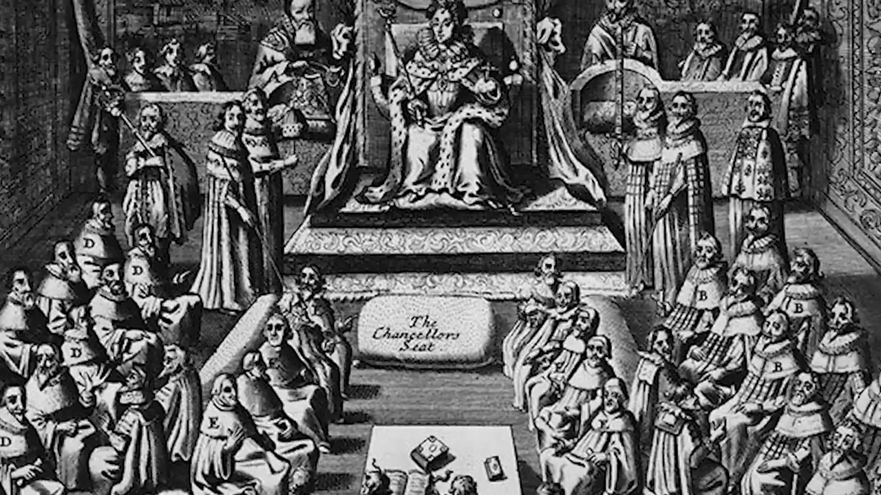 An engraving depicts a formal gathering with a monarch on a throne, surrounded by robed figures and seated individuals in a grand hall.