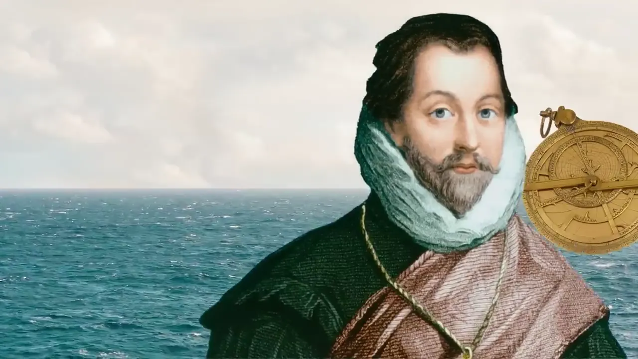 An illustration of Sir Francis Drake with a compass and the sea in the background.