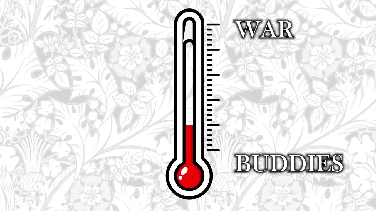 A thermometer graphic with the words "WAR" and "BUDDIES" on a patterned background.