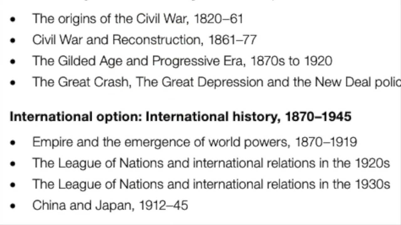 A bulleted list detailing historical periods and topics, including "The origins of the Civil War" and "International option: International history, 1870
1945".