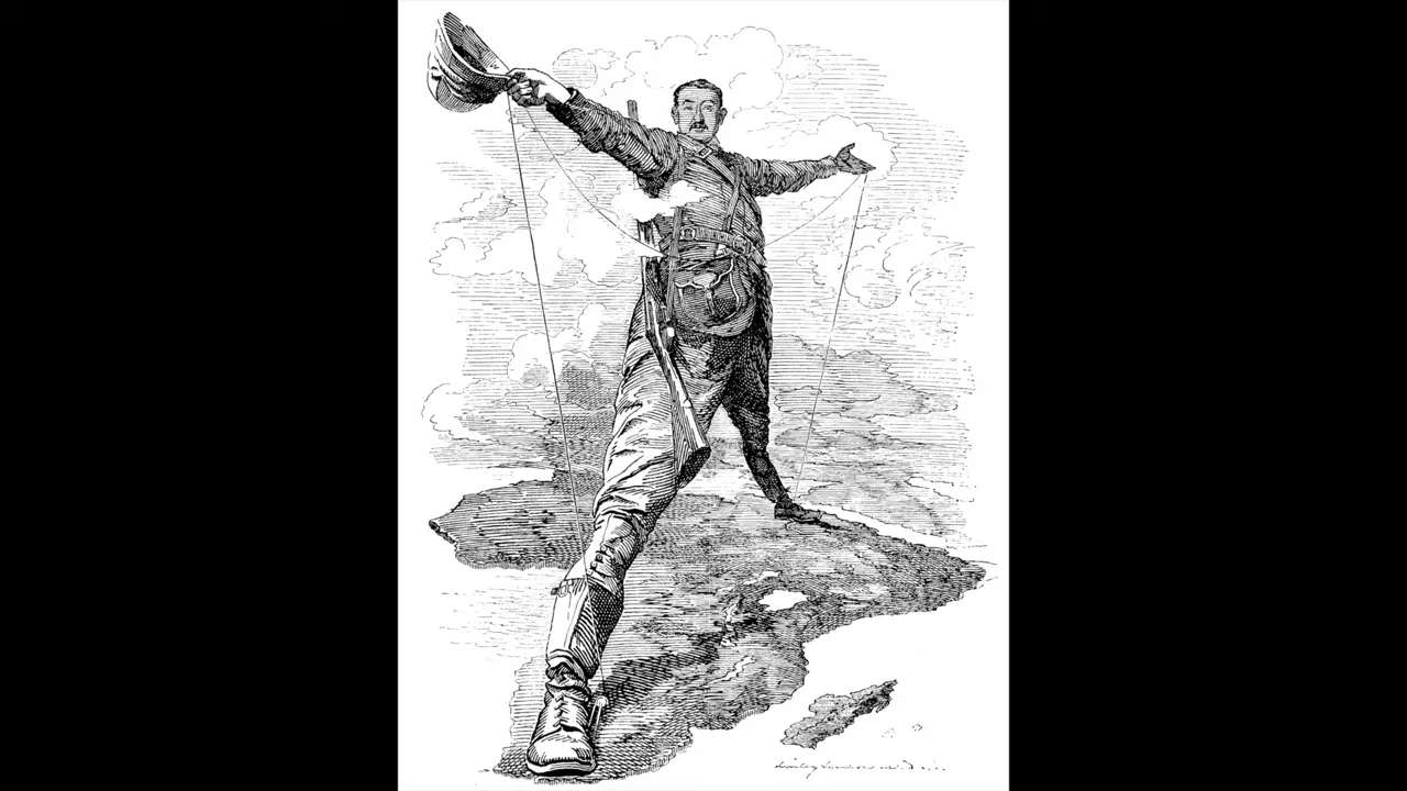 An engraving depicts a man in military attire standing on a rocky outcrop, holding a hat aloft and gesturing outwards.