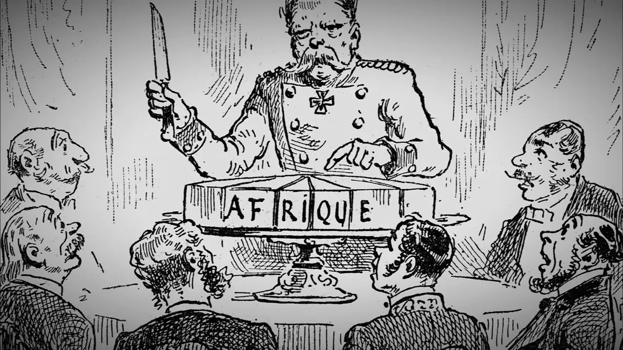 A political cartoon depicts a man in uniform holding a knife over a cake labeled "Afrique", surrounded by men in suits.