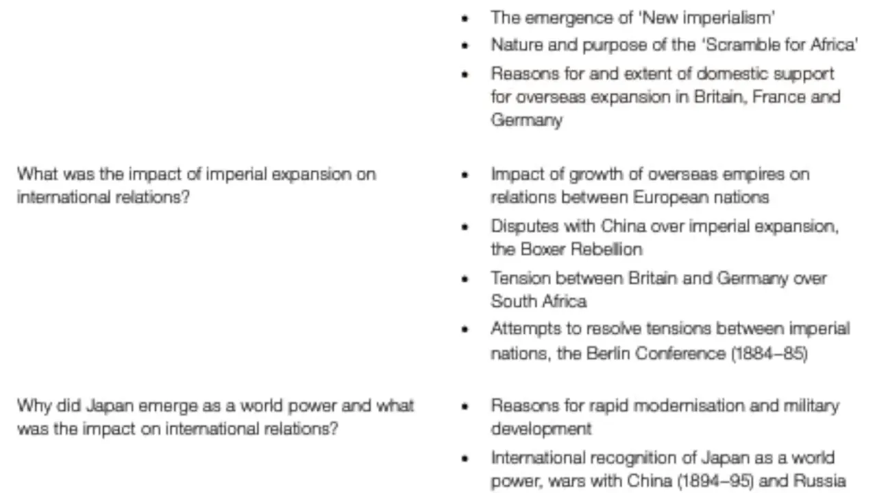A slide with text, featuring questions about imperial expansion and Japan's rise as a world power, along with bullet points detailing related topics.