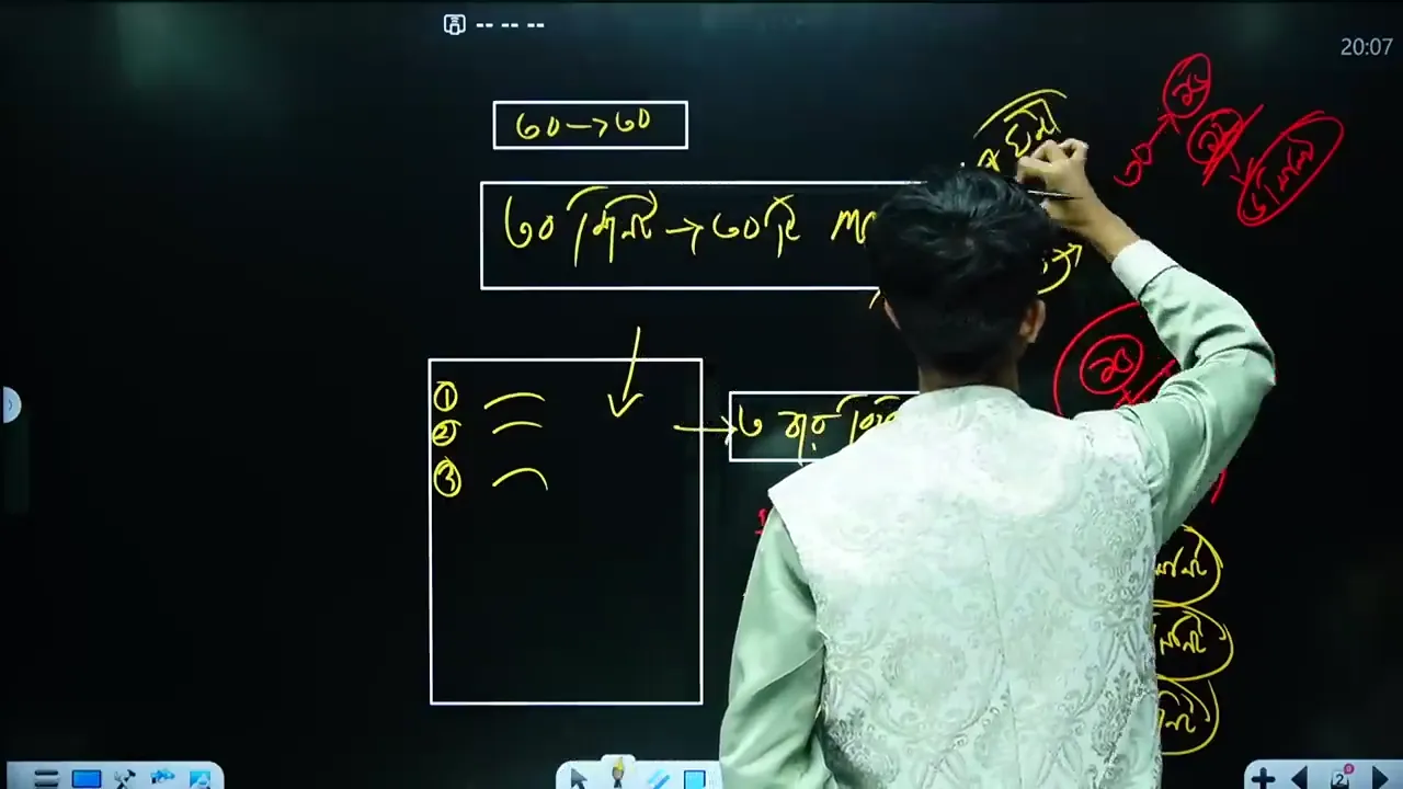 A digital board displays Bengali text and diagrams, with a person drawing on it.