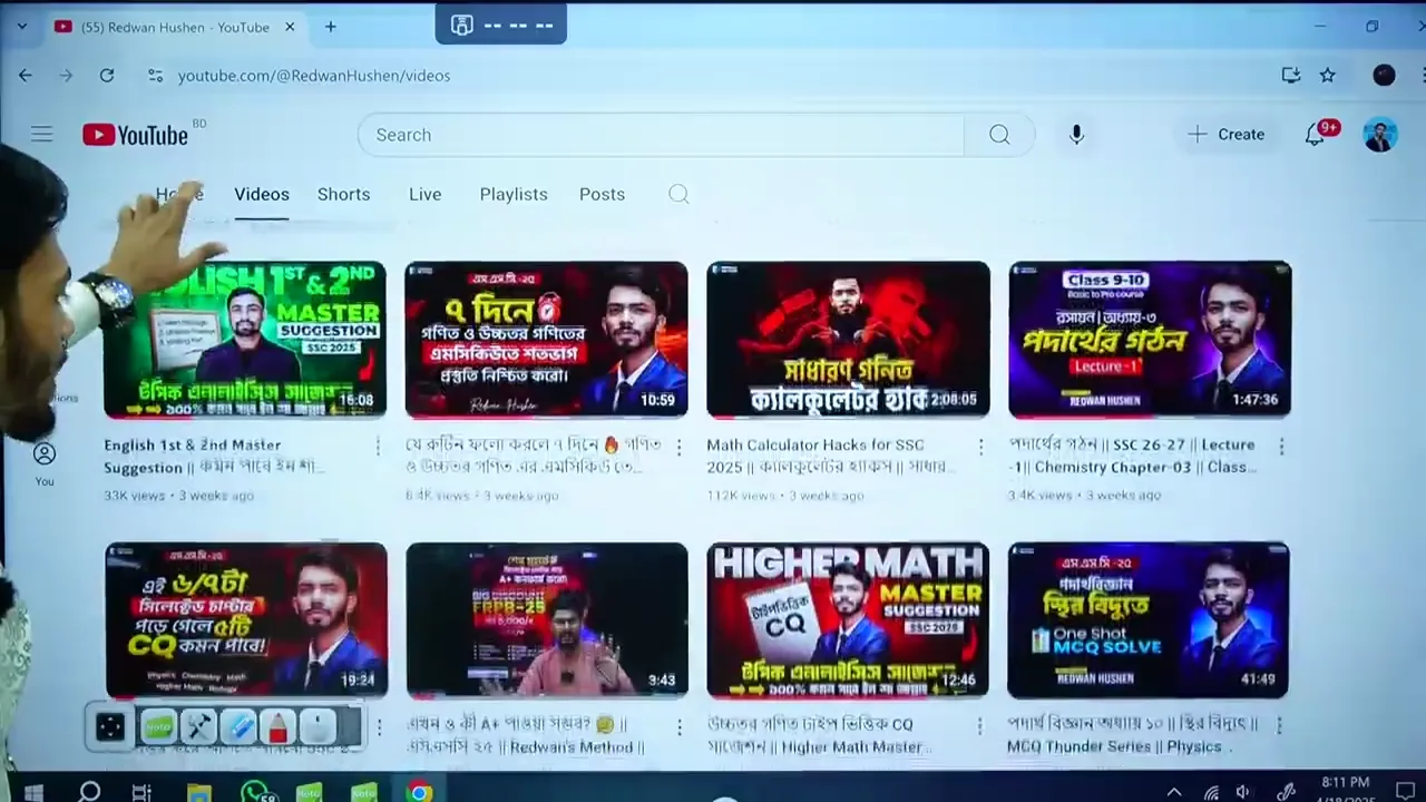YouTube interface showing a grid of video thumbnails, each with a title and thumbnail image, suggesting educational content related to math and English.