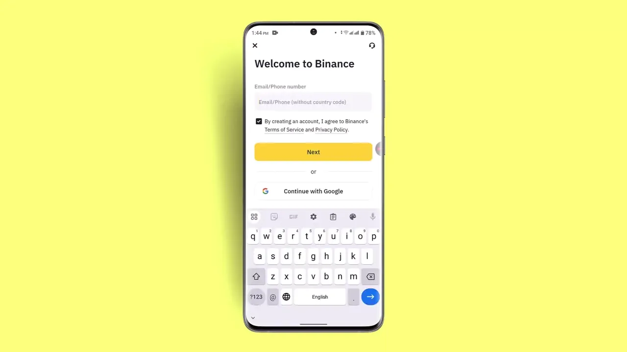 Binance application login or registration screen