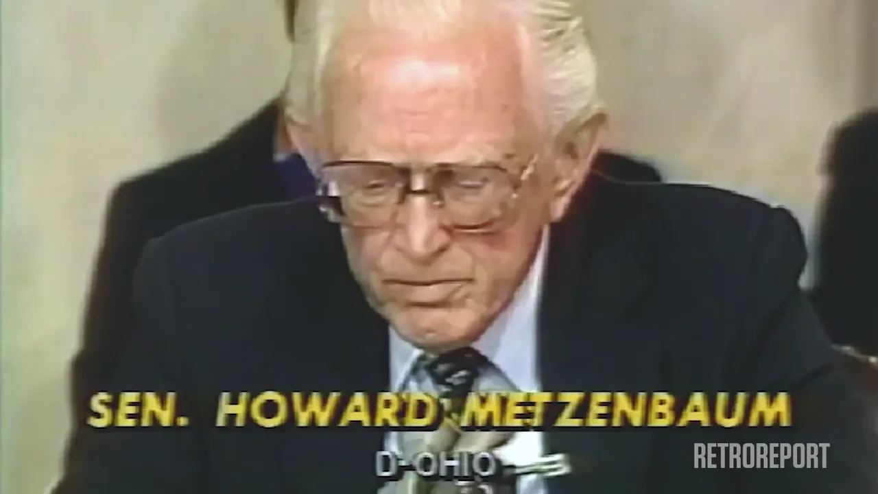 Text on screen reads "SEN. HOWARD METZENBAUM D-OHIO RETROREPORT". A man in a suit and tie wears glasses.
