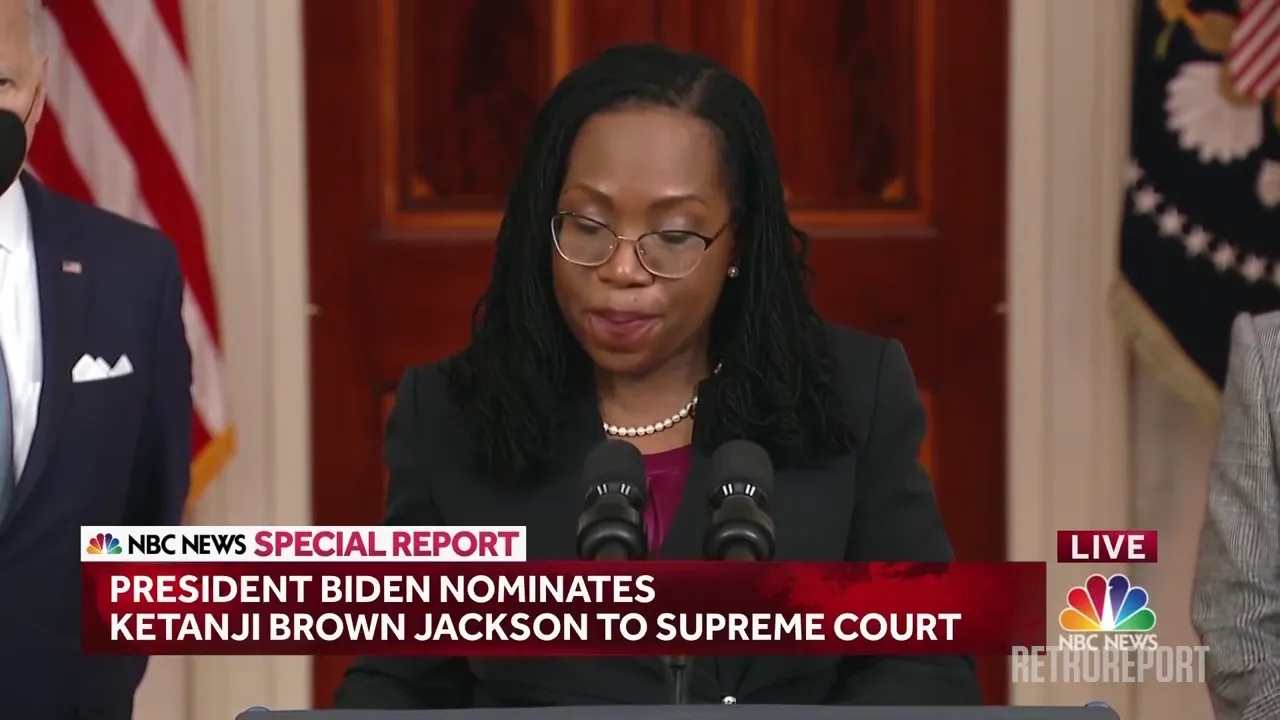 A news graphic states "PRESIDENT BIDEN NOMINATES," "KETANJI BROWN JACKSON TO SUPREME COURT," with NBC News logos.