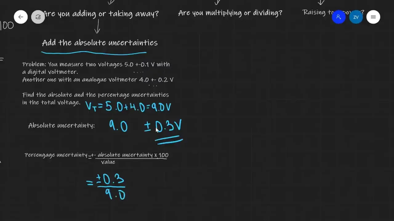 A screenshot of a digital whiteboard with handwritten notes and calculations related to adding absolute uncertainties in physics.