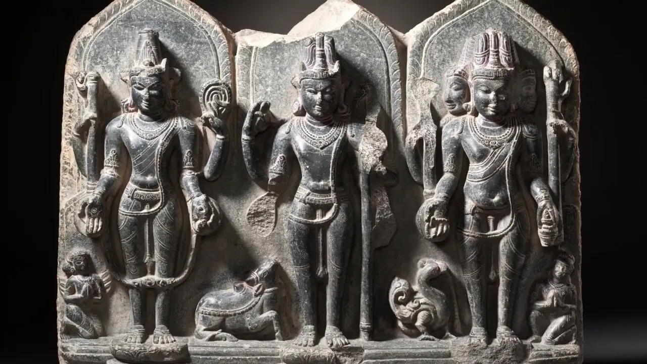 A stone carving of three Hindu deities with multiple arms, adorned with headdresses and jewelry, set against a dark background.