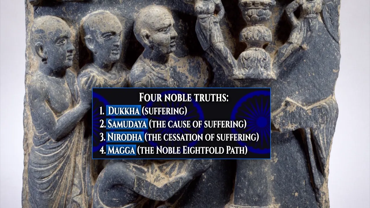 A stone carving depicting figures with a blue overlay listing the Four Noble Truths: Dukkha, Samudaya, Nirodha, and Magga.