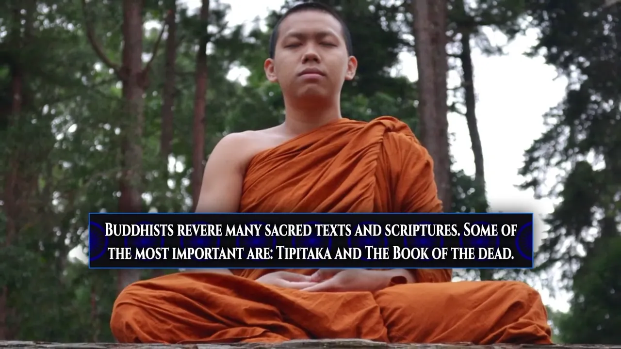 A Buddhist monk sits in meditation with text stating "BUDDHISTS REVERE MANY SACRED TEXTS AND SCRIPTURES. SOME OF THE MOST IMPORTANT ARE: TIPITAKA AND THE BOOK OF THE DEAD."