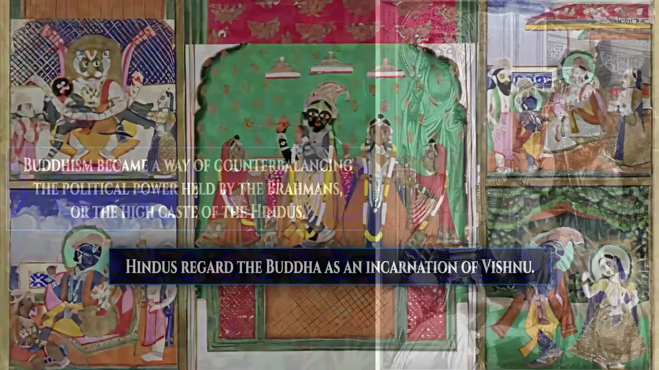 The image displays several vibrant Indian miniature paintings with text overlays. The text discusses Buddhism and Hinduism, mentioning the Buddha as an incarnation of Vishnu.