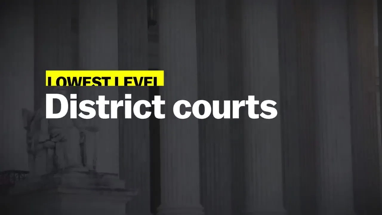 The text 'LOWEST LEVEL' is highlighted in yellow above the words 'District courts' in white, set against a backdrop of columns.
