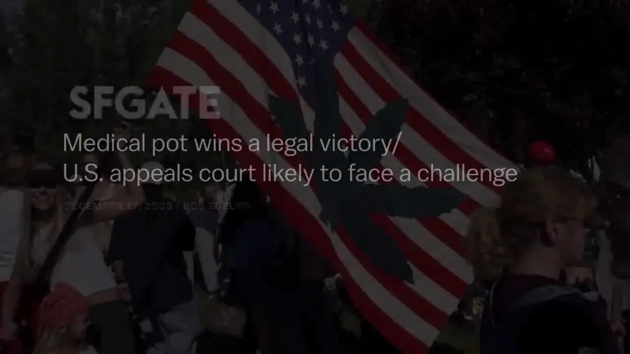 SFGATE logo and text "Medical pot wins a legal victory/U.S. appeals court likely to face a challenge" with a marijuana leaf superimposed on the American flag.