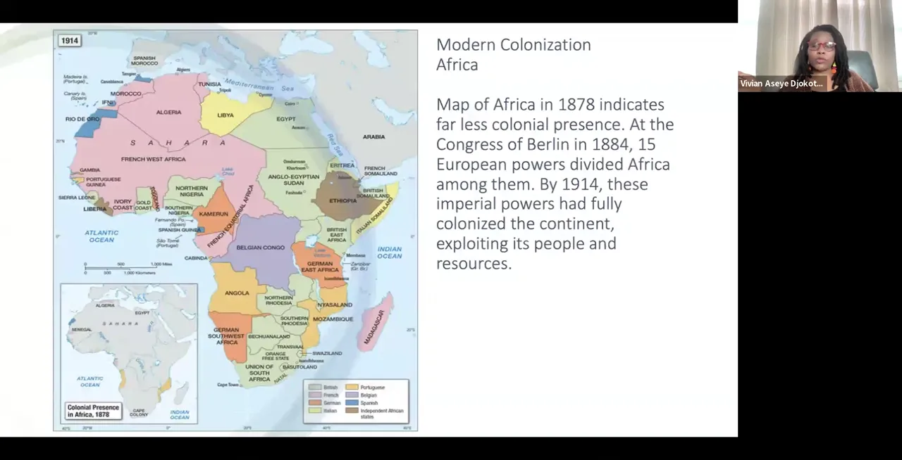 A map of Africa in 1914 showing colonial possessions, with text discussing colonization and the Congress of Berlin.