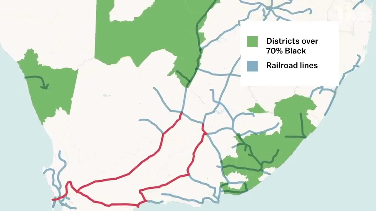 A map of South Africa showing districts with over 70% Black population and railroad lines, with a legend indicating these features.