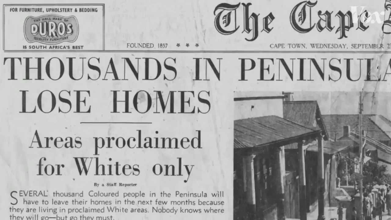 Newspaper headline reads 'THOUSANDS LOSE HOMES' and 'Areas proclaimed for Whites only'.