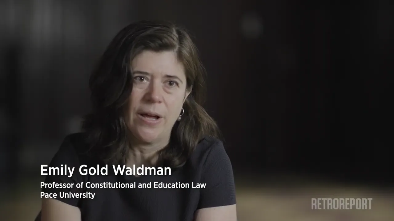 Text overlay reads: Emily Gold Waldman, Professor of Constitutional and Education Law, Pace University. Retro Report logo is in the lower right.