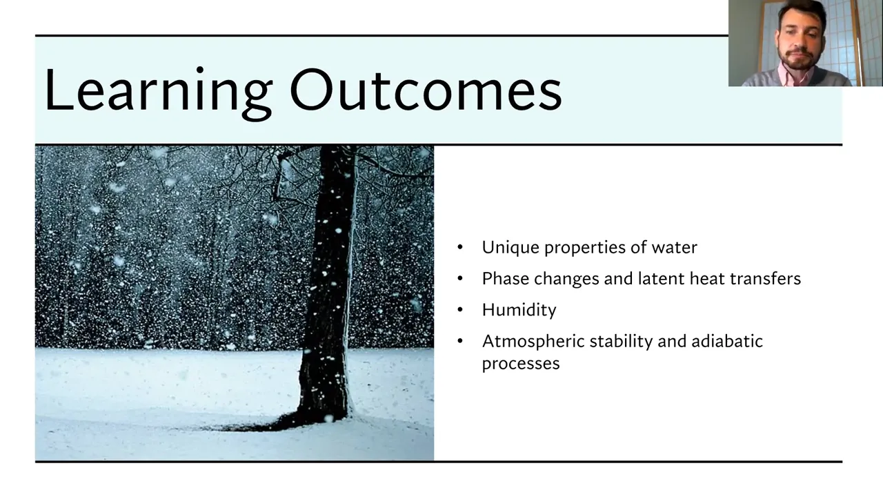 The slide shows "Learning Outcomes" with a winter tree image and a list including properties of water, phase changes, humidity, and atmospheric processes.