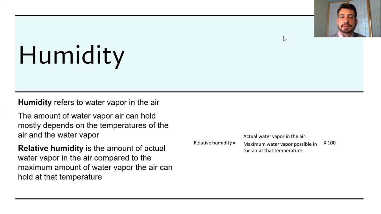 The slide displays definitions and a formula for humidity and relative humidity. The title is "Humidity".