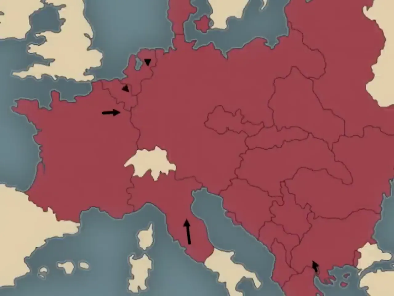 A map of Europe colored red, showing territorial control, with black arrows indicating movements or expansions.