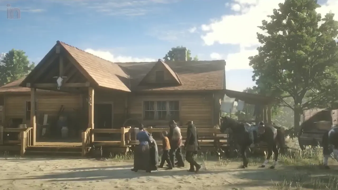 Group of characters outside a cabin
