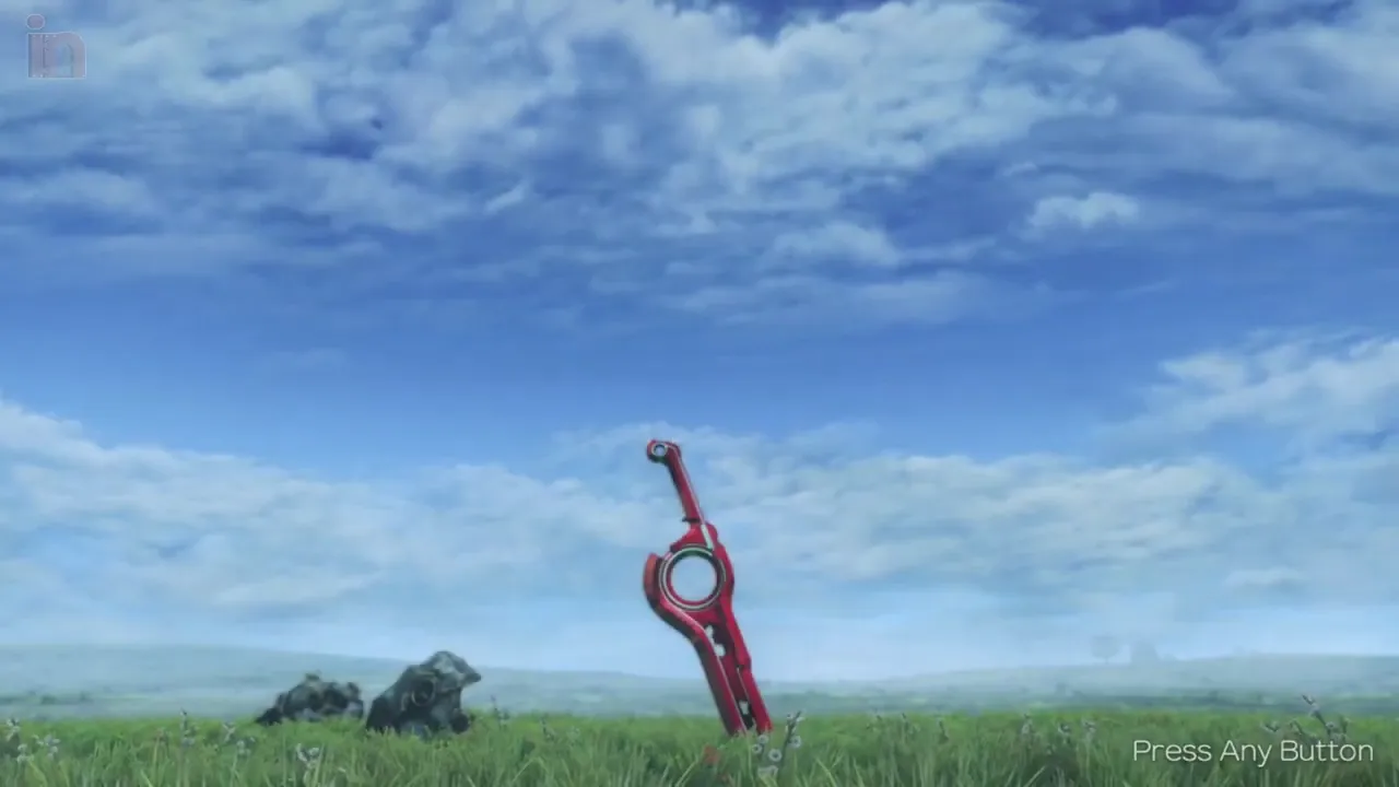 Iconic red sword in a grassy field