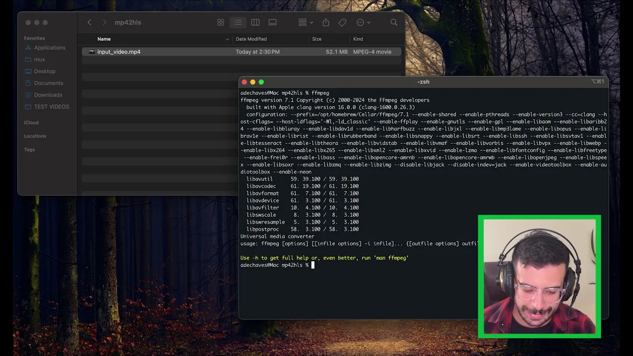 A screenshot of a command-line interface displaying FFmpeg usage and a command being executed. It shows FFmpeg version information and a sample command to convert a video file.
