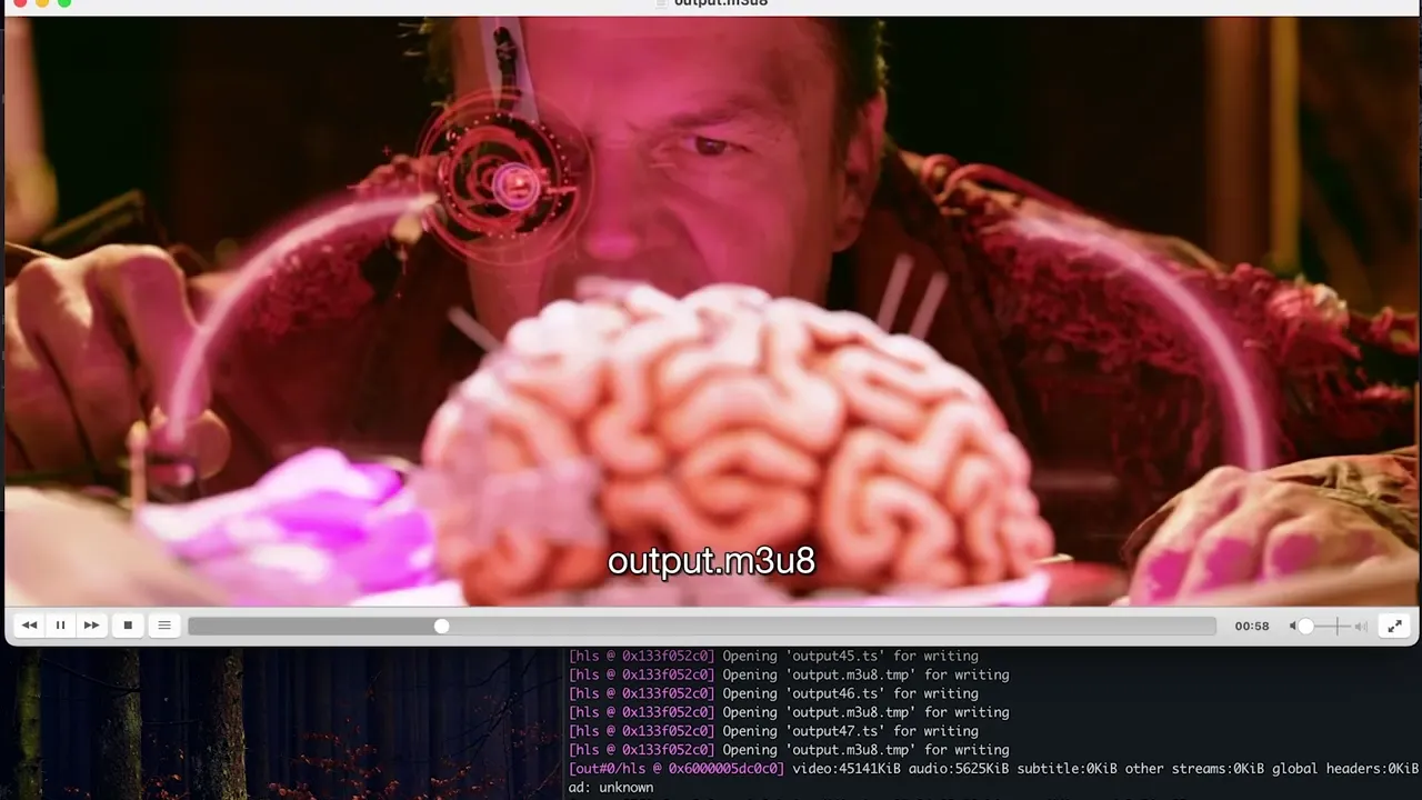 A video player displays a science fiction scene with a brain and futuristic graphics, along with command-line output in a terminal window below.