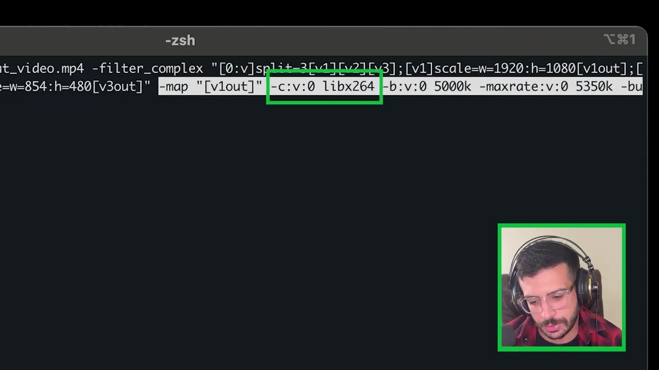A command-line interface showing an ffmpeg command being executed to process a video file with complex filtering operations.