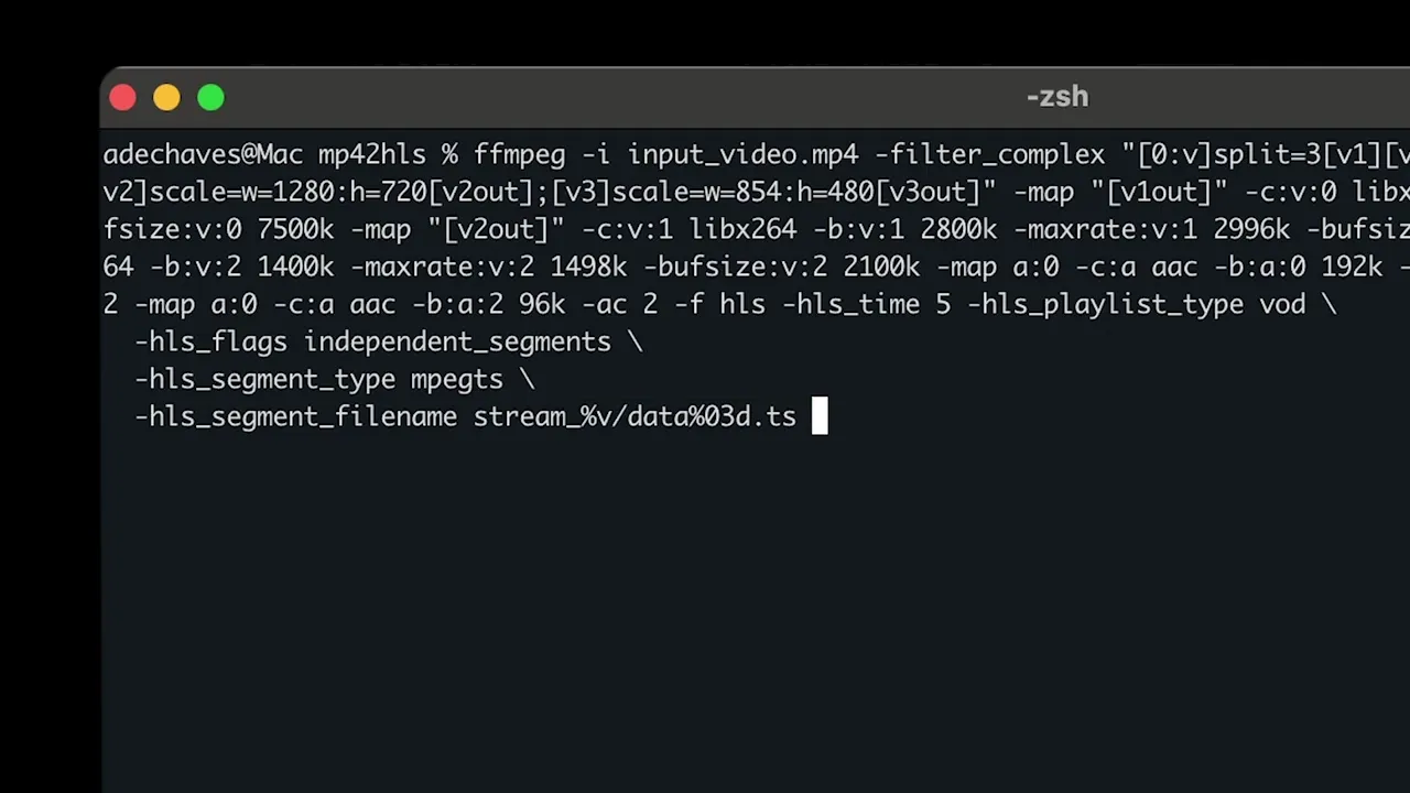A terminal window displays an FFmpeg command with multiple video and audio processing options, including scaling, encoding, and mapping.