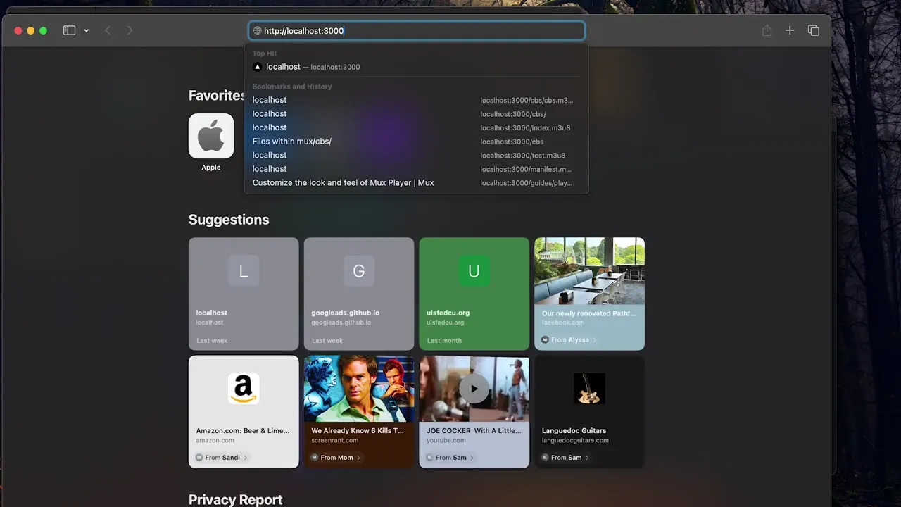 The screen shows a browser window with a search bar containing "http://localhost:3000" and a dropdown list of suggestions and recent history.