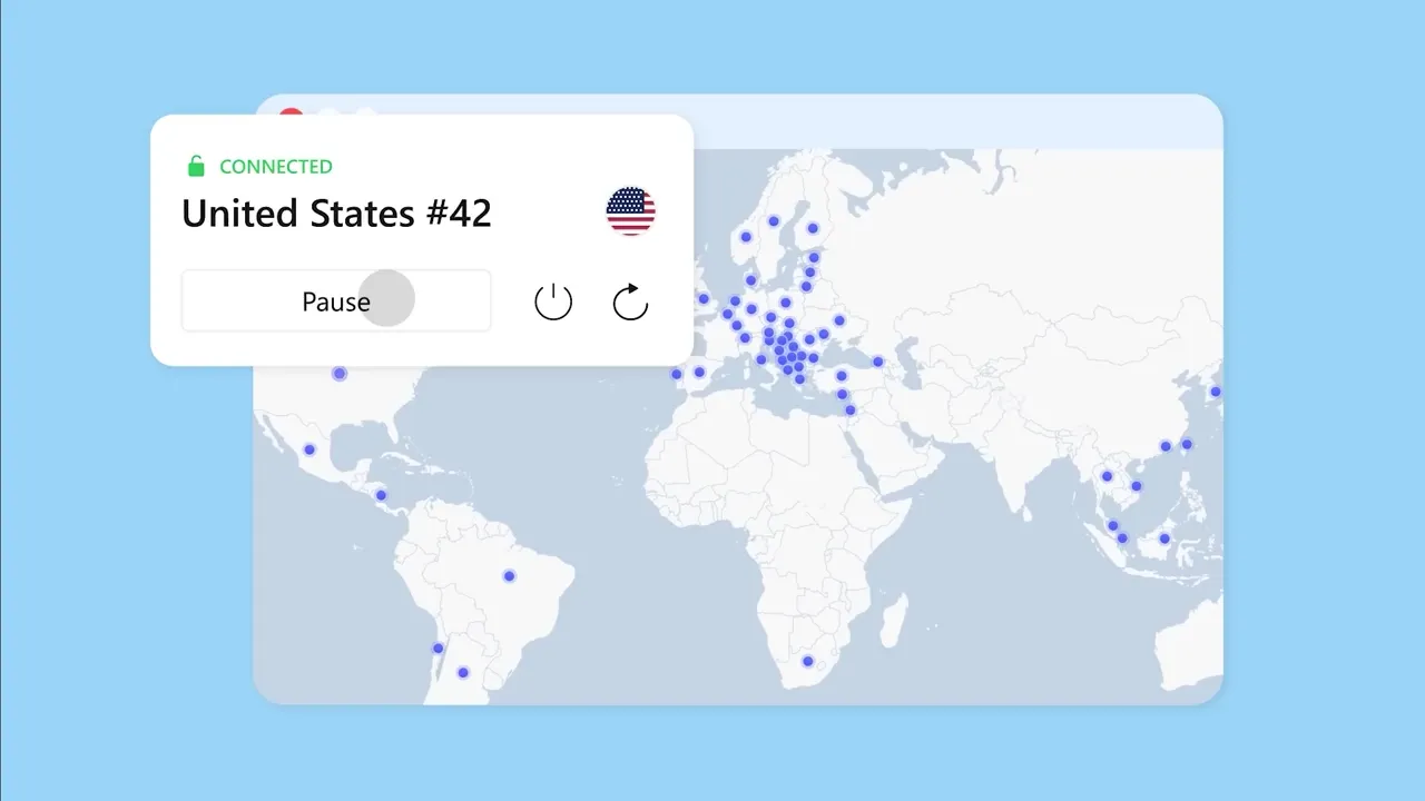 A world map interface displaying numerous blue dots representing server locations, with a connection status pop-up showing "United States #42" as connected.