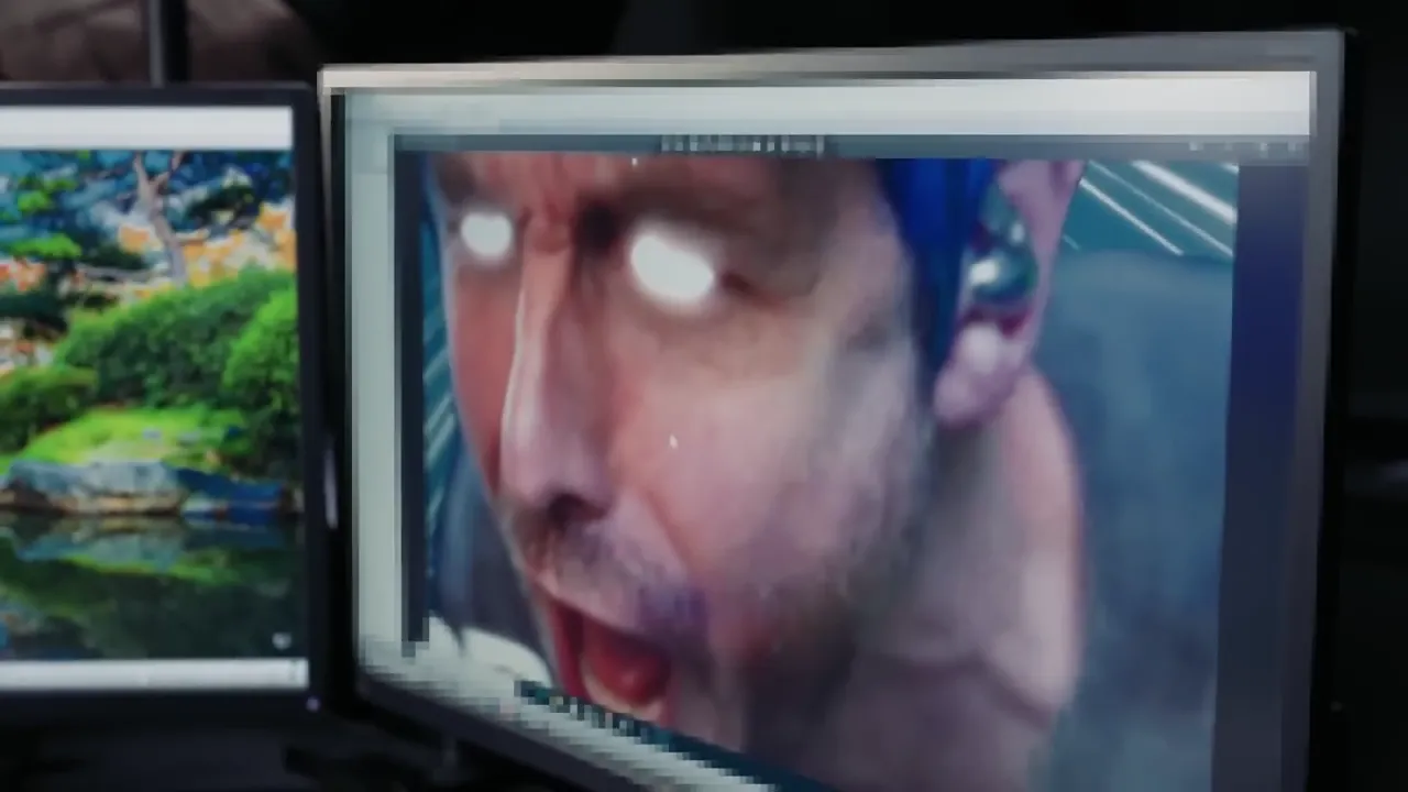 Two computer monitors display different images: one shows a serene landscape, the other a close-up of a person's face with glowing white eyes.