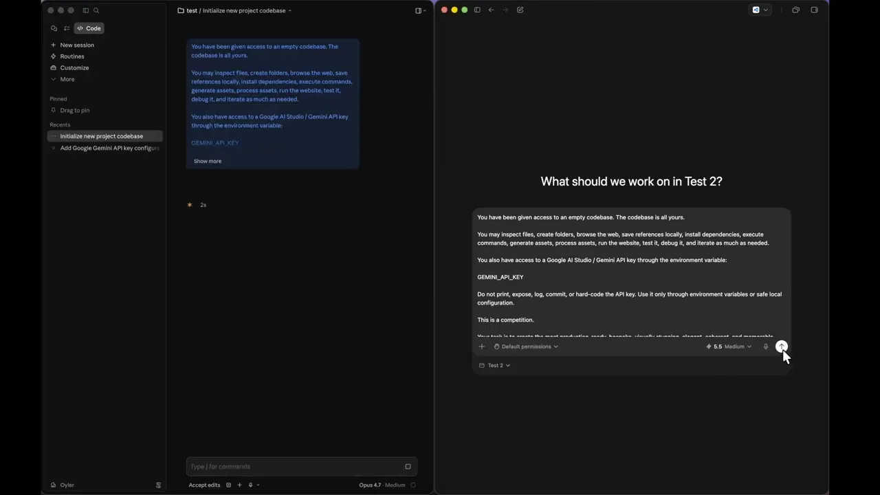A split screen view showing a code editor on the left and a chat interface with text on the right. The chat interface displays a prompt related to generating a website for a company named Orange.