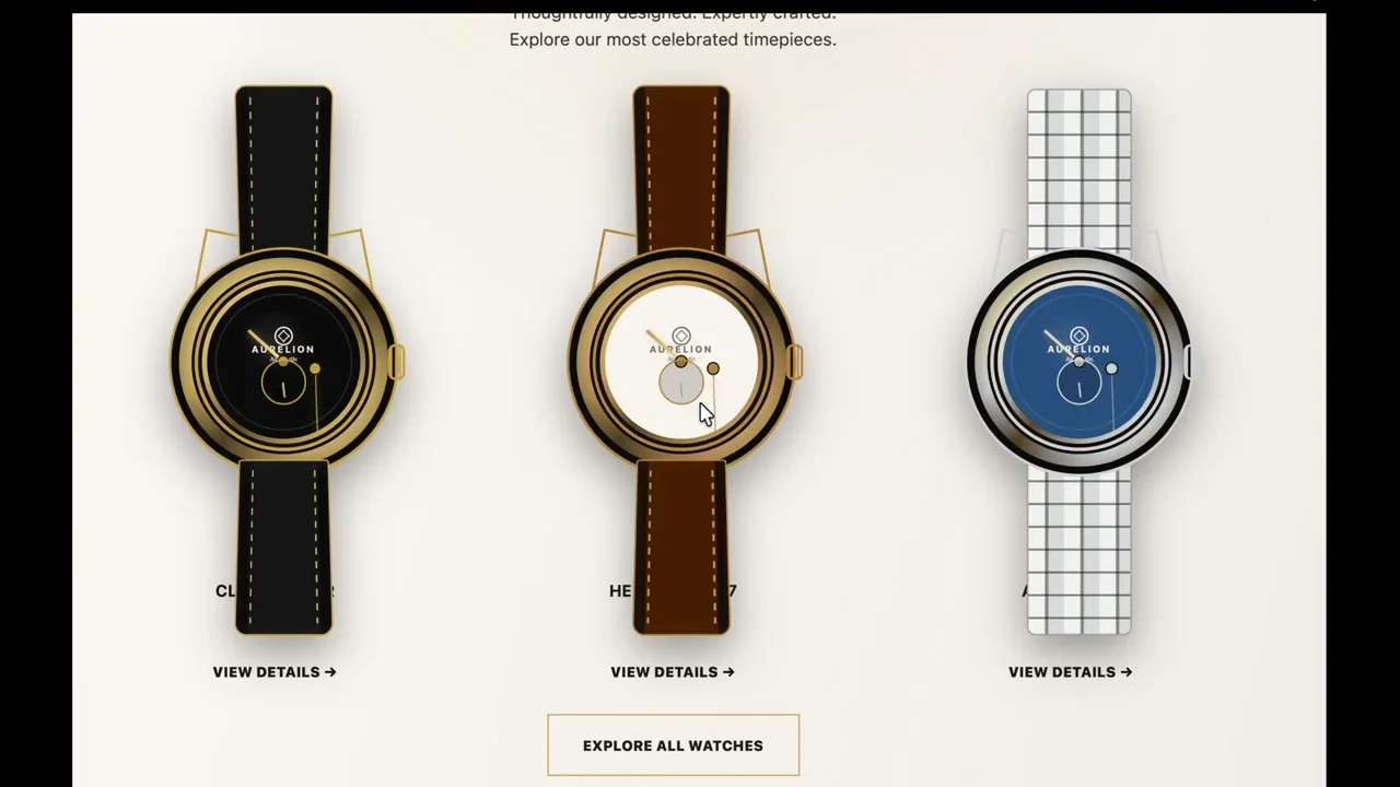 Three stylized watches are displayed on a plain background, each with a different strap and dial color. Text below each watch reads 'VIEW DETAILS'. A central button reads 'EXPLORE ALL WATCHES'.