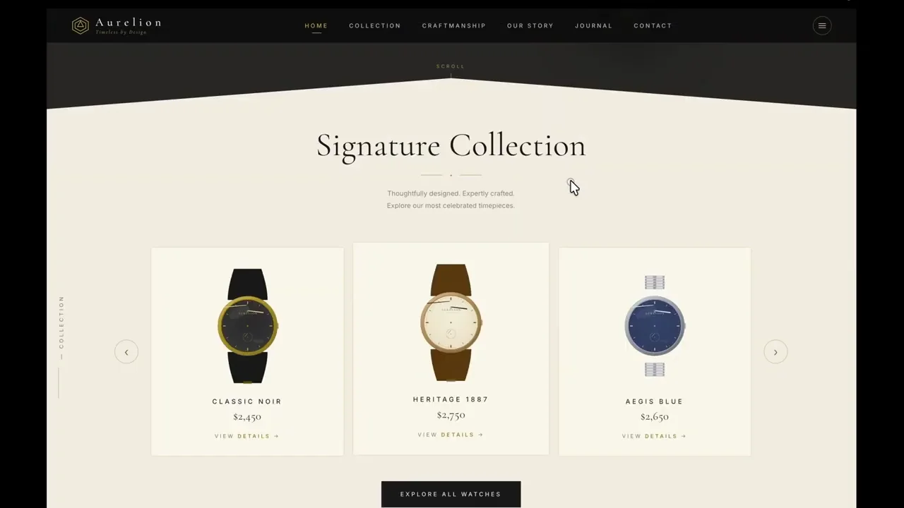 A website interface is shown, featuring the title 'Signature Collection' and three watch images below. Each watch has a name and price. Navigation links at the top include 'HOME', 'COLLECTION', 'CRAFTSMANSHIP', 'OUR STORY', and 'JOURNAL'. The brand logo 'Aurelion' is in the top left.
