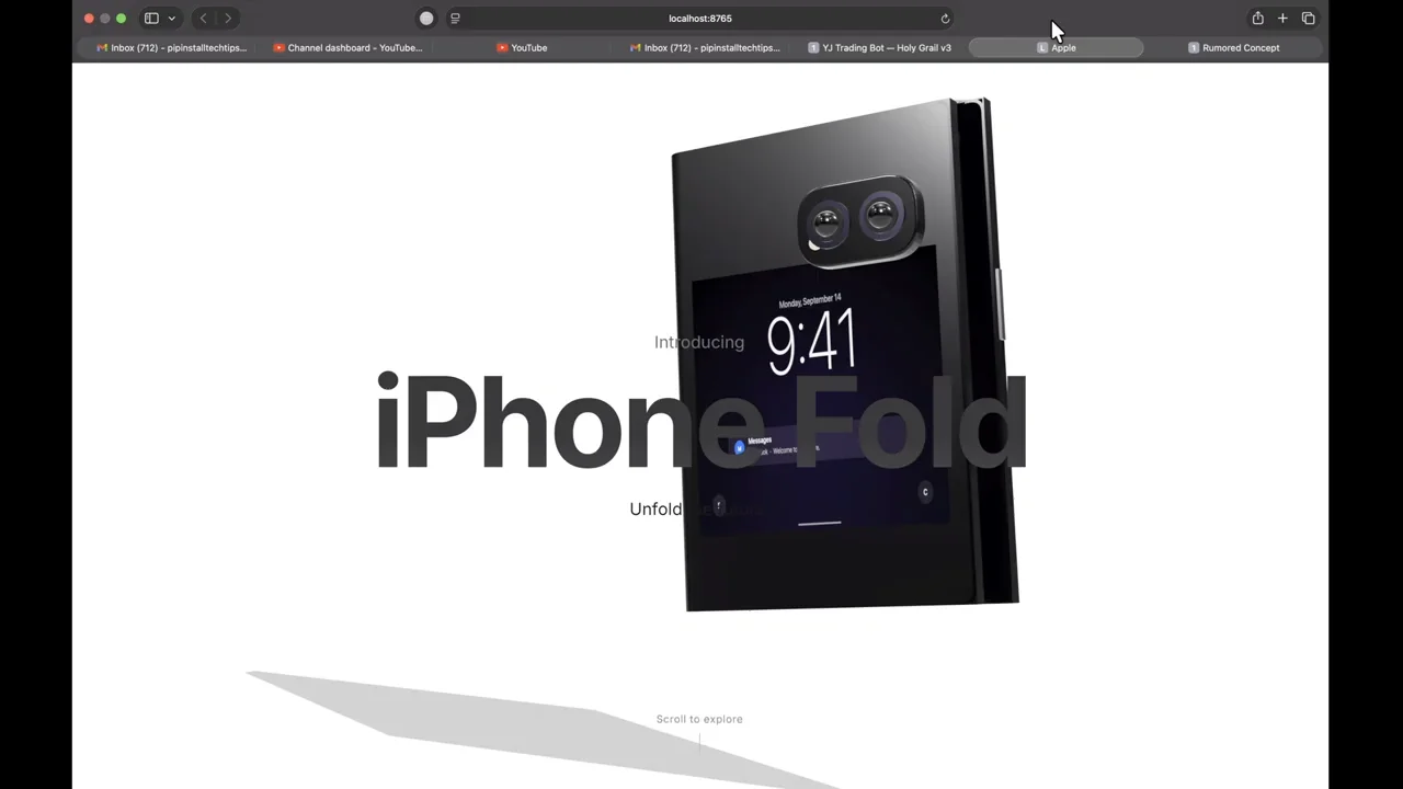 A web browser displays a website with the title 'iPhone Fold'. The center of the page features a large, stylized text 'iPhone Fold' and an image of a folding phone displaying the time '9:41'. Below this, text reads 'Unfold the future'.