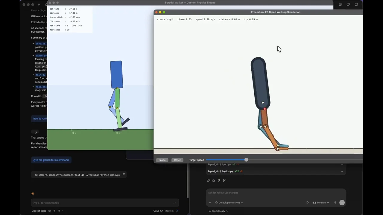 A split screen. The left side shows a simple 2D animation of a blue and green stick figure walking on a green ground, with some text overlay in a box. The right side shows a 2D animation of a leg-like robot walking, with controls and text indicating 'Phaser 3 Robot Walking Simulation'.