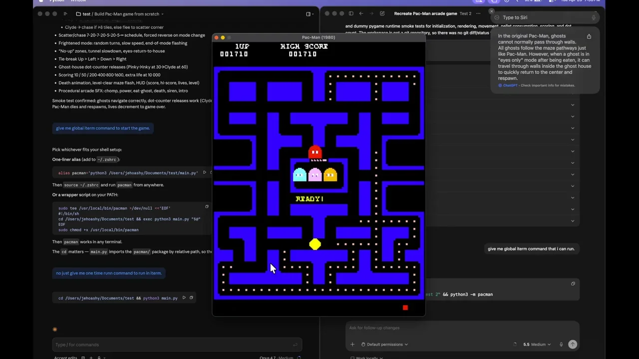 A screenshot of a Pac-Man game. A yellow Pac-Man is in the center of a blue maze, surrounded by four ghosts (red, pink, cyan, orange). The score is displayed as '001710' and 'HIGH SCORE 001710'. Text above the score reads 'READY!'. Ghosts are shown partially outside the maze walls.
